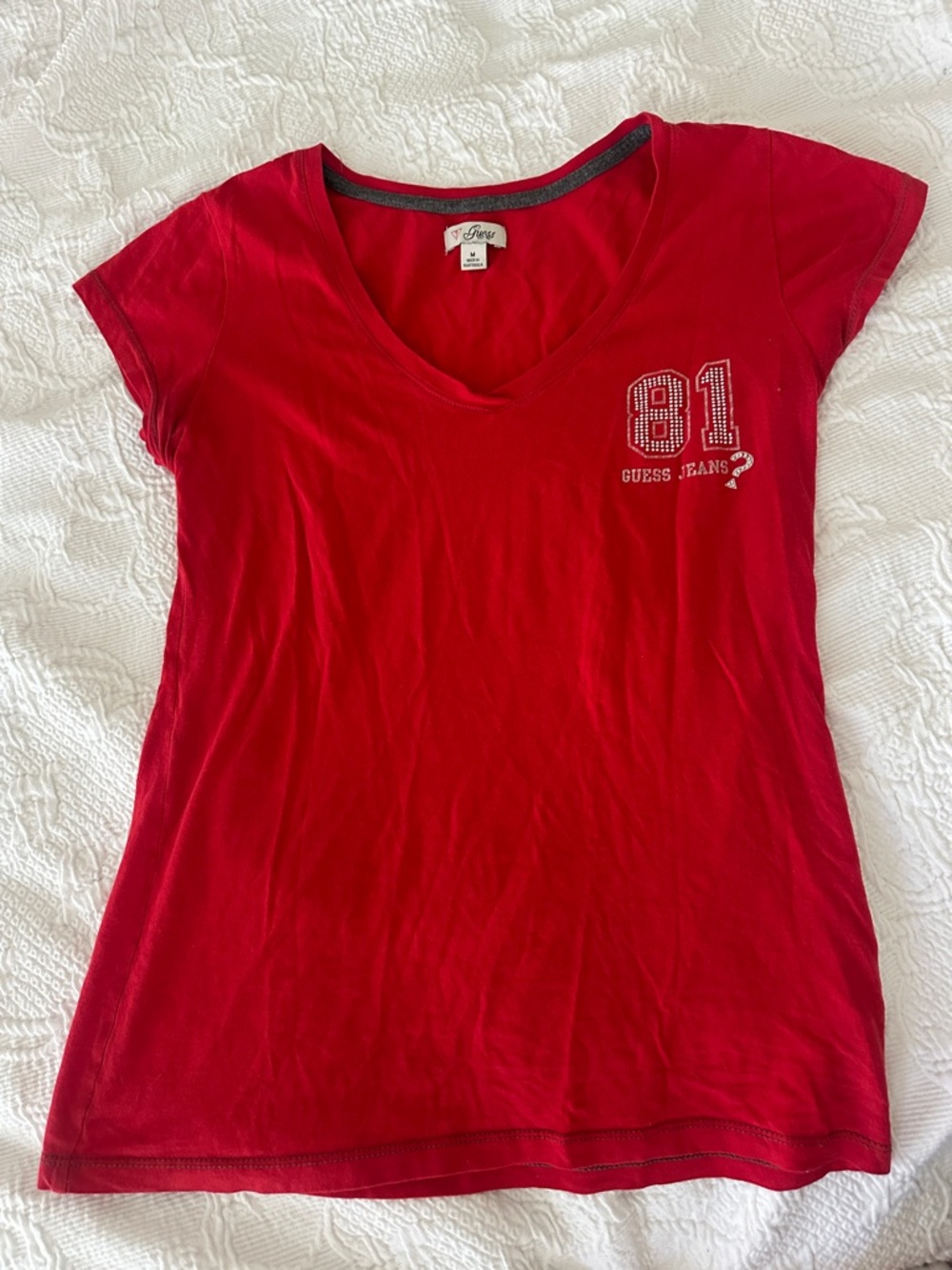 Vintage Guess Red V-Neck Tee with Rhinestone '81' Accent